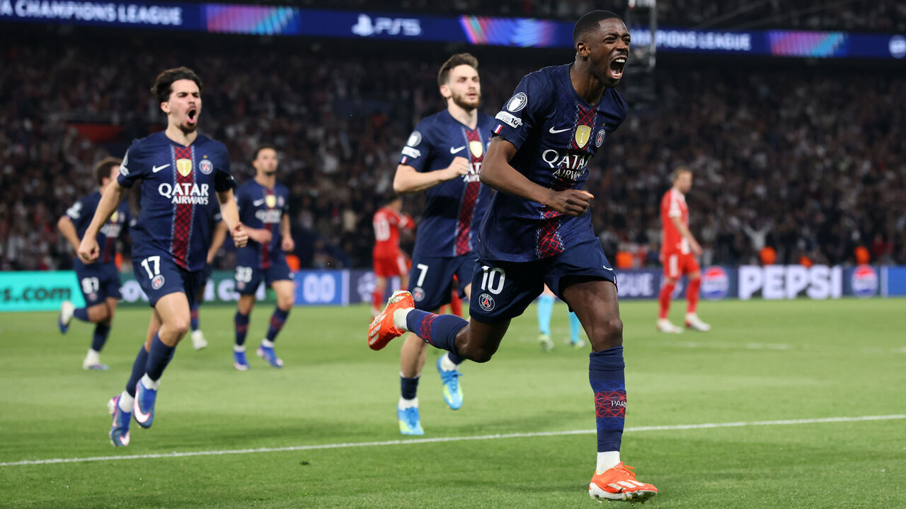 PARIS, FRANCE - APRIL 28: Ousmane Dembele of Paris Saint-Germain celebrates scoring his team's third goal from the penalty spot during the UEFA Champions League 2025/26 Semi Final First Leg match between Paris Saint-Germain and FC Bayern München at Parc des Princes on April 28, 2026 in Paris, France.