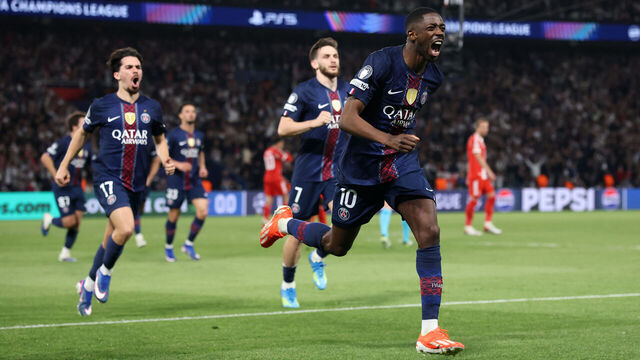 PARIS, FRANCE - APRIL 28: Ousmane Dembele of Paris Saint-Germain celebrates scoring his team's third goal from the penalty spot during the UEFA Champions League 2025/26 Semi Final First Leg match between Paris Saint-Germain and FC Bayern München at Parc des Princes on April 28, 2026 in Paris, France.