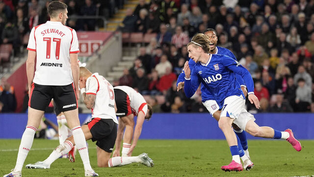 Ipswich Town's Jack Clarke (right) celebrates scoring their side's second goal during the Sky Bet Championship match at St Mary's Stadium, Southampton. Picture date: Tuesday April 28, 2026.