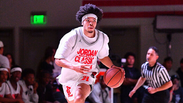 TORRANCE, CA - APRIL 17: Tyran Stokes from Rainier Beach High School (WA) dribbles up the court during the Jordan Brand Classic high school basketball all-star game on April 17, 2026 at El Camino College in Torrance, CA.