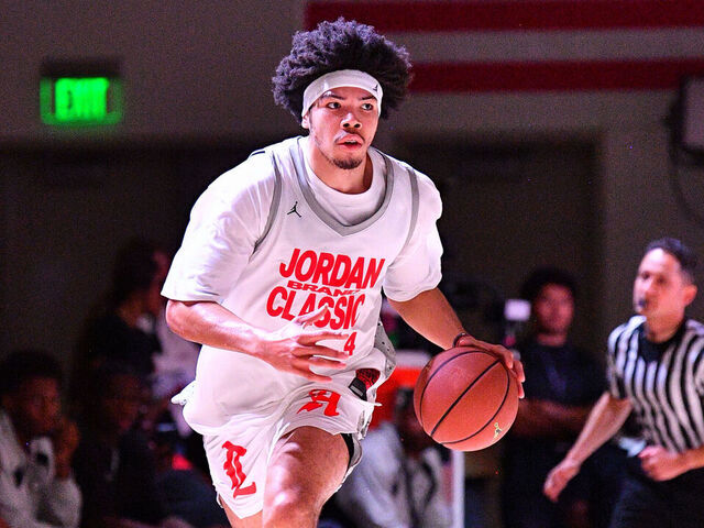 TORRANCE, CA - APRIL 17: Tyran Stokes from Rainier Beach High School (WA) dribbles up the court during the Jordan Brand Classic high school basketball all-star game on April 17, 2026 at El Camino College in Torrance, CA.