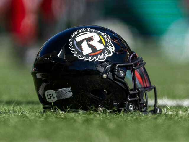 REGINA, CANADA - SEPTEMBER 28: A view of an Ottawa Redblacks helmet displaying a specially designed logo for Truth and Reconciliation day for the game between the Ottawa Redblacks and Saskatchewan Roughriders at Mosaic Stadium on September 28, 2024 in Regina, Canada.