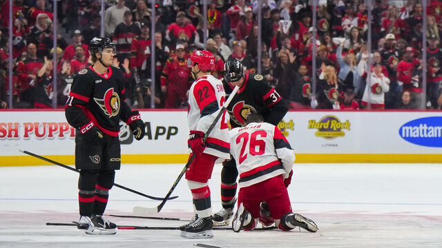 OTTAWA, CANADA - APRIL 25: Multiple fights break out between members of the Ottawa Senators and the Carolina Hurricanes during the second period in Game Four of the First Round of the 2026 Stanley Cup Playoffs at Canadian Tire Centre on April 25, 2026, in Ottawa, Ontario, Canada.