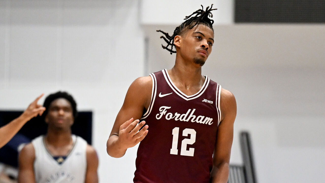 WASHINGTON, DC - JANUARY 03: Elijah Gray #12 of the Fordham Rams celebrates during the game against the George Washington Revolutionaries at Charles E. Smith Athletic Center on January 03, 2024 in Washington, DC.