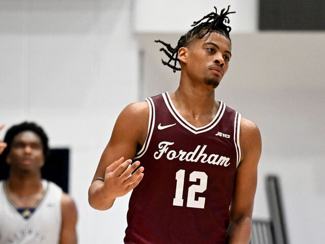 WASHINGTON, DC - JANUARY 03: Elijah Gray #12 of the Fordham Rams celebrates during the game against the George Washington Revolutionaries at Charles E. Smith Athletic Center on January 03, 2024 in Washington, DC.