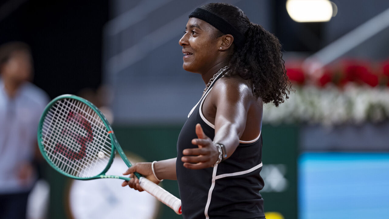 MADRID, SPAIN - APRIL 28: Hailey Baptiste of the United States celebrates the victory against Aryna Sabalenka during the Women's Singles quarter-final match on day nine during the Mutua Madrid Open 2026 tournament celebrated at La Caja Magica on April 28, 2026 in Madrid, Spain.