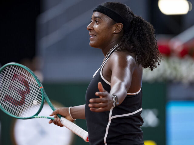 MADRID, SPAIN - APRIL 28: Hailey Baptiste of the United States celebrates the victory against Aryna Sabalenka during the Women's Singles quarter-final match on day nine during the Mutua Madrid Open 2026 tournament celebrated at La Caja Magica on April 28, 2026 in Madrid, Spain.