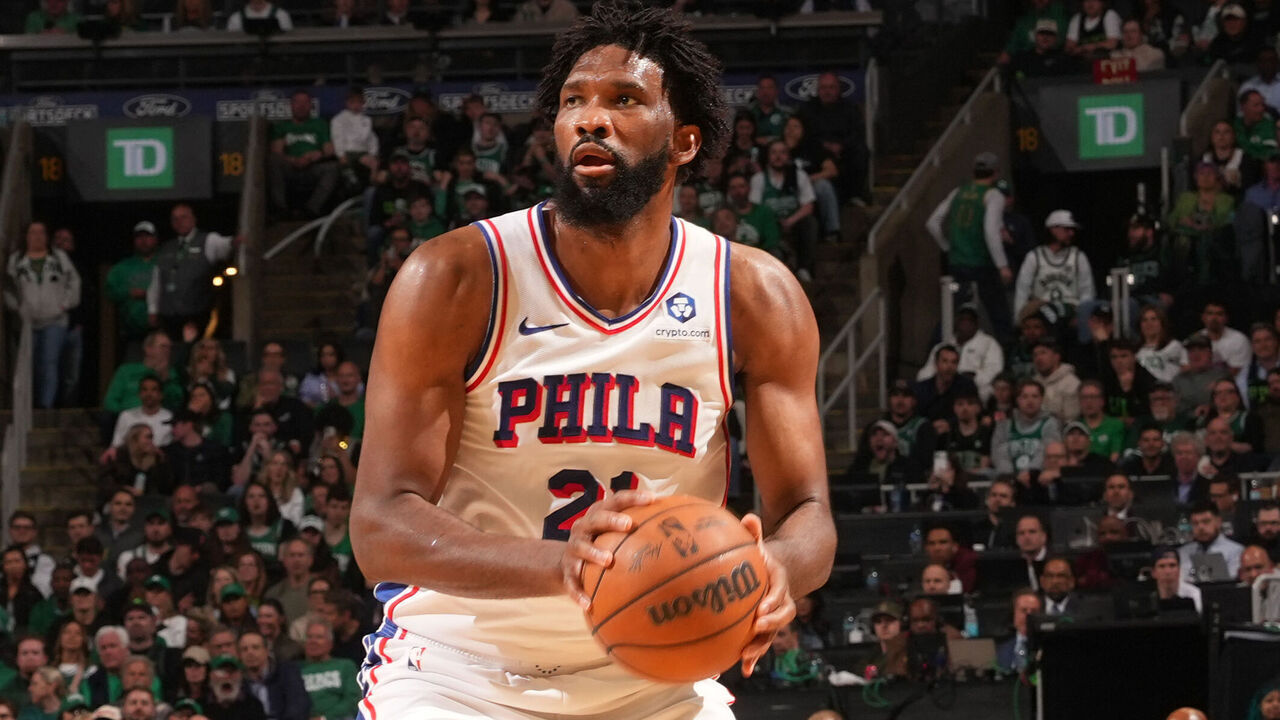 BOSTON, MA - APRIL 28: Joel Embiid #21 of the Philadelphia 76ers handles the ball during the game against the Boston Celtics during Round One Game Five of the 2026 NBA Playoffs on April 28, 2026 at TD Garden in Boston, Massachusetts. NOTE TO USER: User expressly acknowledges and agrees that, by downloading and/or using this Photograph, user is consenting to the terms and conditions of the Getty Images License Agreement. Mandatory Copyright Notice: Copyright 2026 NBAE