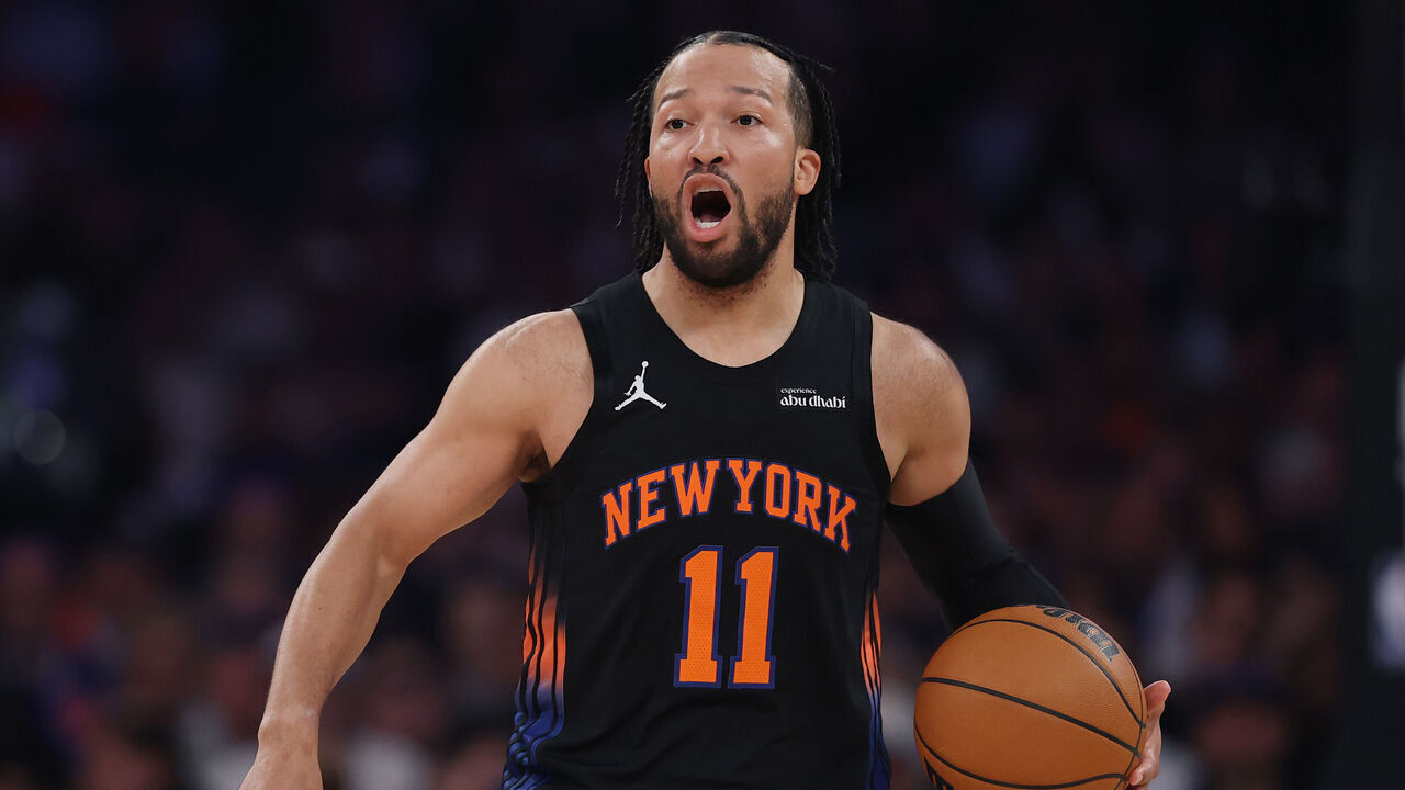 NEW YORK, NEW YORK - APRIL 28: Jalen Brunson #11 of the New York Knicks dribbles during the first half of Game Five of the Eastern Conference First Round NBA Playoffs against the Atlanta Hawks at Madison Square Garden on April 28, 2026 in New York City.