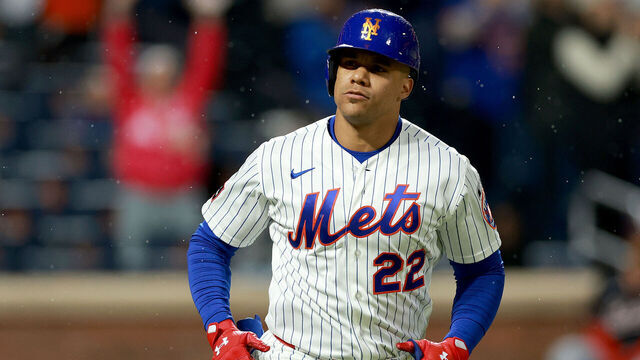 NEW YORK, NEW YORK - APRIL 28: Juan Soto #22 of the New York Mets celebrates after hitting a two run home run in the fourth inning against the Washington Nationals at Citi Field on April 28, 2026 in the Flushing neighborhood of the Queens borough of New York City.