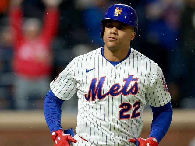 NEW YORK, NEW YORK - APRIL 28: Juan Soto #22 of the New York Mets celebrates after hitting a two run home run in the fourth inning against the Washington Nationals at Citi Field on April 28, 2026 in the Flushing neighborhood of the Queens borough of New York City.