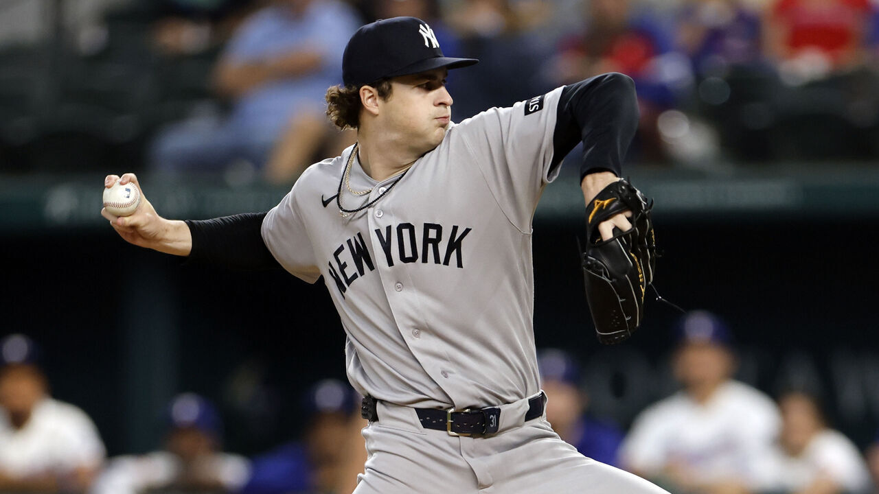 ARLINGTON, TEXAS - APRIL 28: Cam Schlittler #31 of the New York Yankees pitches against the Texas Rangers during the first inning at Globe Life Field on April 28, 2026 in Arlington, Texas.