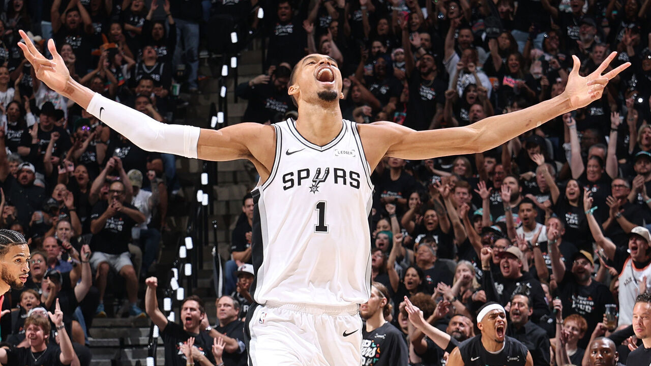 SAN ANTONIO, TX - APRIL 28: Victor Wembanyama #1 of the San Antonio Spurs celebrates during the game against the Portland Trail Blazers during Round One Game Five of the 2026 NBA Playoffs on April 28, 2026 at the Frost Bank Center in San Antonio, Texas. Mandatory Copyright Notice: Copyright 2026 NBAE (Photos by Joe Murphy/NBAE via Getty Images)