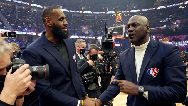CLEVELAND, OHIO - FEBRUARY 20: (L-R) LeBron James and Michael Jordan attend the 2022 NBA All-Star Game at Rocket Mortgage Fieldhouse on February 20, 2022 in Cleveland, Ohio.
