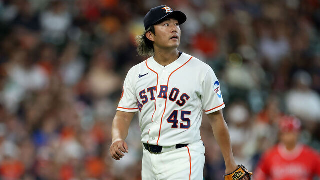 HOUSTON, TEXAS - MARCH 29: Tatsuya Imai #45 of the Houston Astros reacts in the second inning of his MLB debut against the Los Angeles Angels at Daikin Park on March 29, 2026 in Houston, Texas.