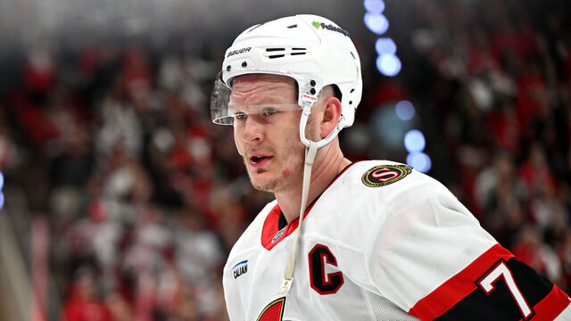 RALEIGH, NC - APRIL 18: Left Wing Brady Tkachuk (7) of the Ottawa Senators leaves the ice in the final seconds of the third period during game one of the NHL Stanley Cup Playoffs First Round between the Ottawa Senators and the Carolina Hurricanes on April 18, 2026 at Lenovo Center in Raleigh, North Carolina.