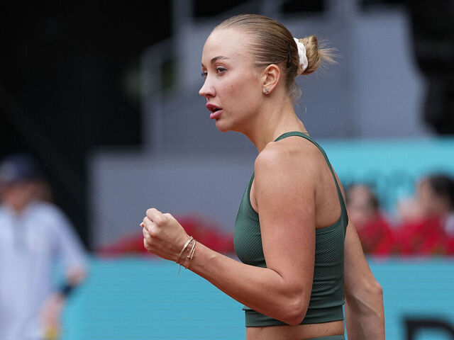 MADRID, SPAIN - APRIL 29: Anastasia Potapova of Austria reacts against Karolina Pliskova of Czech Republic during the Mutua Madrid Open 2026, ATP Masters 1000 and WTA 1000, at La Caja Magica on April 29, 2026 in Madrid, Spain.