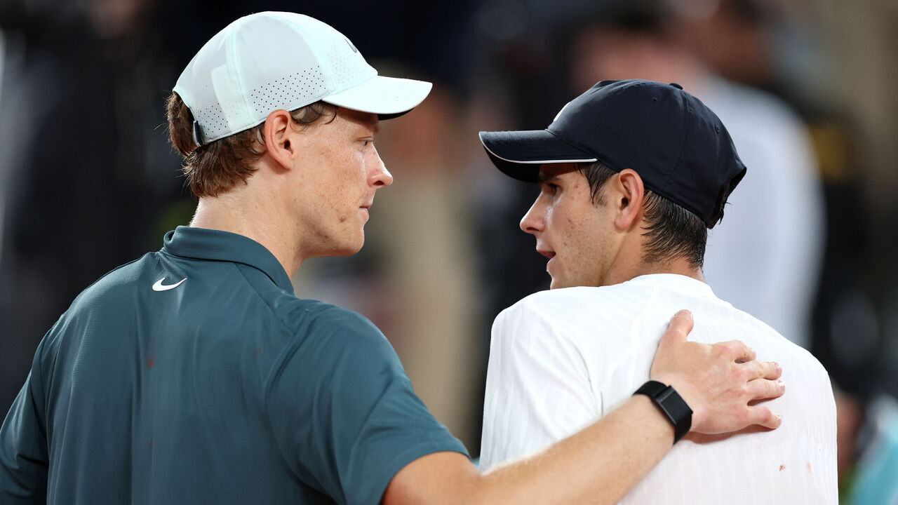 MADRID, SPAIN - APRIL 29: Jannik Sinner of Italy embraces Rafael Jodar of Spain after the Men's Singles Quarter Final match on Day Ten of the Mutua Madrid Open at La Caja Magica on April 29, 2026 in Madrid, Spain.