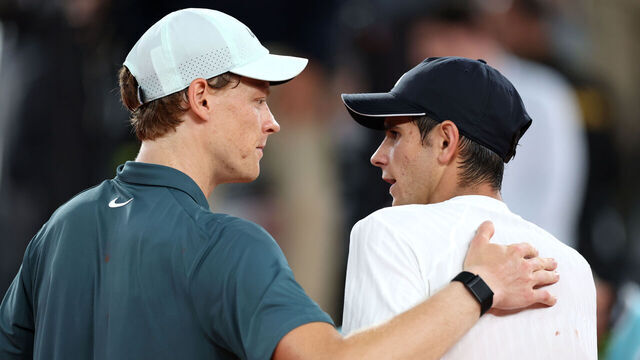 MADRID, SPAIN - APRIL 29: Jannik Sinner of Italy embraces Rafael Jodar of Spain after the Men's Singles Quarter Final match on Day Ten of the Mutua Madrid Open at La Caja Magica on April 29, 2026 in Madrid, Spain.