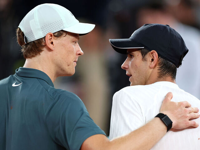 MADRID, SPAIN - APRIL 29: Jannik Sinner of Italy embraces Rafael Jodar of Spain after the Men's Singles Quarter Final match on Day Ten of the Mutua Madrid Open at La Caja Magica on April 29, 2026 in Madrid, Spain.