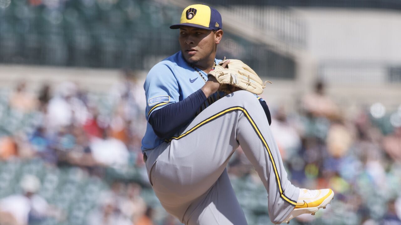 DETROIT, MI - APRIL 23: Angel Zerpa #61 of the Milwaukee Brewers pitches against the Detroit Tigers during the eighth inning at Comerica Park on April 23, 2026 in Detroit, Michigan.