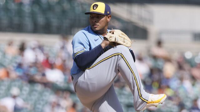 DETROIT, MI - APRIL 23: Angel Zerpa #61 of the Milwaukee Brewers pitches against the Detroit Tigers during the eighth inning at Comerica Park on April 23, 2026 in Detroit, Michigan.