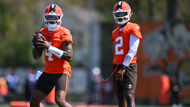 BEREA, OHIO - APRIL 21: Deshaun Watson #4 of the Cleveland Browns looks to pass during a voluntary veteran minicamp at CrossCountry Mortgage Campus on April 21, 2026 in Berea, Ohio.
