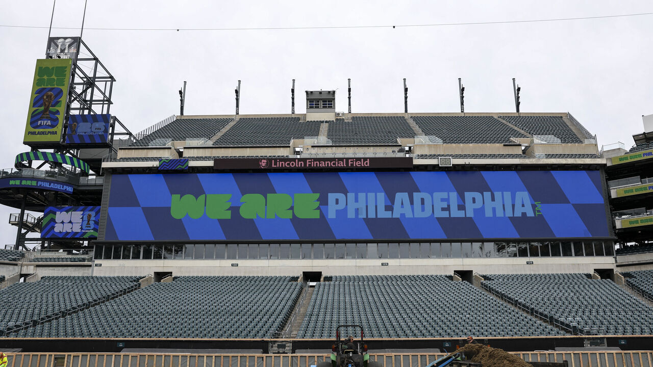 Workers prepare the field at Lincoln Financial Field, one of the stadiums hosting the 2026 FIFA World Cup at Lincoln Financial Field in Philadelphia, on April 28, 2026.