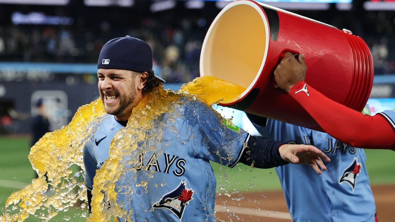 TORONTO, ON - April 29 Toronto Blue Jays second baseman Ernie Clement (22) got a victory shower at the end of the game.The Toronto Blue Jays beat the Boston Red Sox 8-1 at the Rogers Centre in MLB baseball actionApril 29 2026 Richard Lautens/Toronto Star (Richard Lautens/Toronto Star via Getty Images)