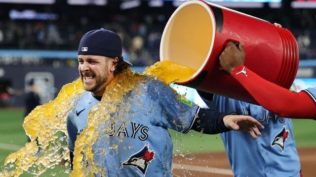 TORONTO, ON - April 29 Toronto Blue Jays second baseman Ernie Clement (22) got a victory shower at the end of the game.The Toronto Blue Jays beat the Boston Red Sox 8-1 at the Rogers Centre in MLB baseball actionApril 29 2026 Richard Lautens/Toronto Star (Richard Lautens/Toronto Star via Getty Images)