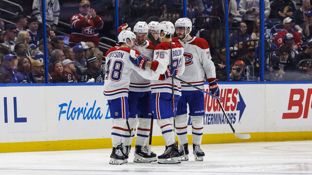 TAMPA, FL - APRIL 29: Alexandre Texier #85 of the Montreal Canadiens celebrates a goal with teammates against the Tampa Bay Lightning in Game Five of the First Round of the 2026 Stanley Cup Playoffs at Benchmark International Arena on April 29, 2026 in Tampa, Florida.