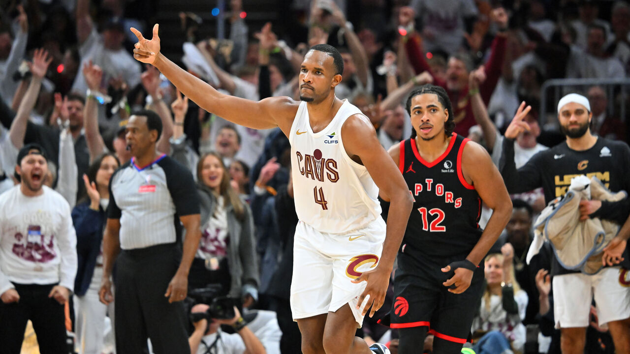 CLEVELAND, OHIO - APRIL 29: Evan Mobley #4 of the Cleveland Cavaliers celebrates during the fourth quarter of Game Five of the Eastern Conference First Round NBA Playoffs at Rocket Arena against the Toronto Raptors on April 29, 2026 in Cleveland, Ohio. The Cavaliers defeated the Raptors 125-120.