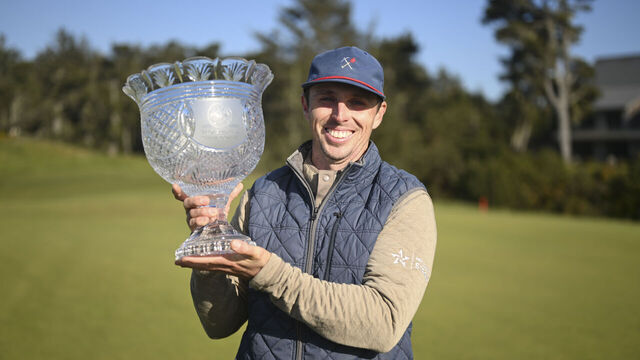 BANDON, OR - APRIL 29: Jesse Droemer poses for a photo with the trophy during the final round of the PGA Professional Championship at Bandon Dunes on Wednesday, April 29, 2026 in Bandon, Oregon.