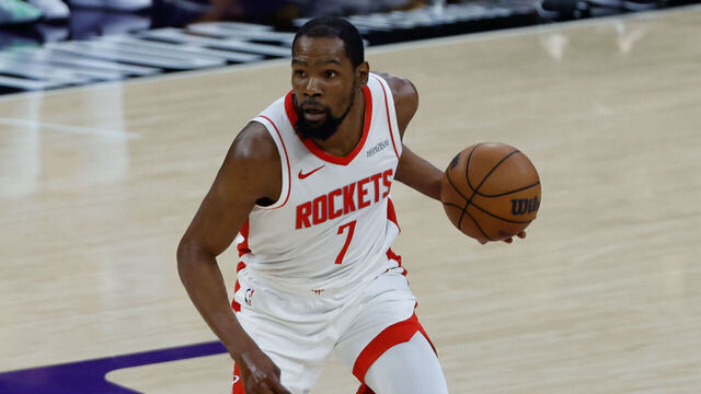 LOS ANGELES, CA - APRIL 21: Houston Rockets forward Kevin Durant (7) dribbles the ball during the West First Round Houston Rockets vs Los Angeles Lakers game on April 21, 2026, at Crypto.com Arena in Los Angeles, CA.