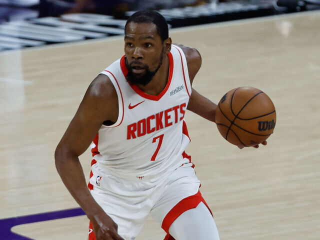 LOS ANGELES, CA - APRIL 21: Houston Rockets forward Kevin Durant (7) dribbles the ball during the West First Round Houston Rockets vs Los Angeles Lakers game on April 21, 2026, at Crypto.com Arena in Los Angeles, CA.