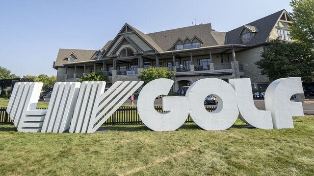 BOLINGBROOK, IL - AUGUST 09: The LIV GOLF logo is pictured in front of the Bolingbrook Golf Club clubhouse before day two of LIV Golf Chicago on Saturday, August 09, 2025 at Bolingbrook Golf Club in Bolingbrook, IL.