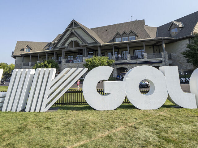 BOLINGBROOK, IL - AUGUST 09: The LIV GOLF logo is pictured in front of the Bolingbrook Golf Club clubhouse before day two of LIV Golf Chicago on Saturday, August 09, 2025 at Bolingbrook Golf Club in Bolingbrook, IL.