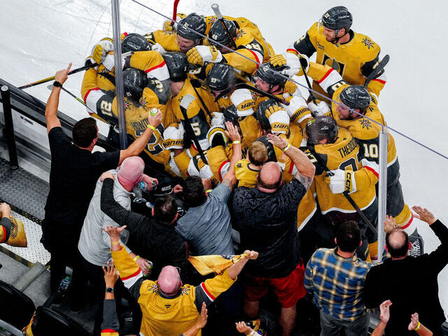 LAS VEGAS, NEVADA - APRIL 29: The Vegas Golden Knights celebrate a goal Brett Howden #21 to win Game Five of the First Round of the 2026 Stanley Cup Playoffs against the Utah Mammoth at T-Mobile Arena on April 29, 2026 in Las Vegas, Nevada.