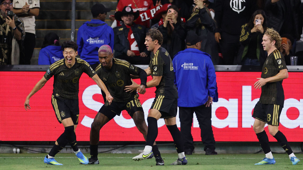 LOS ANGELES, CALIFORNIA - APRIL 29: Son Heung-Min #7 of the Los Angeles Football Club celebrates after teammate Nkosi Tafari #91 scored the winning goal against Toluca during CONCACAF Champions Cup 2026 semifinals first leg at BMO Stadium on April 29, 2026 in Los Angeles, California.