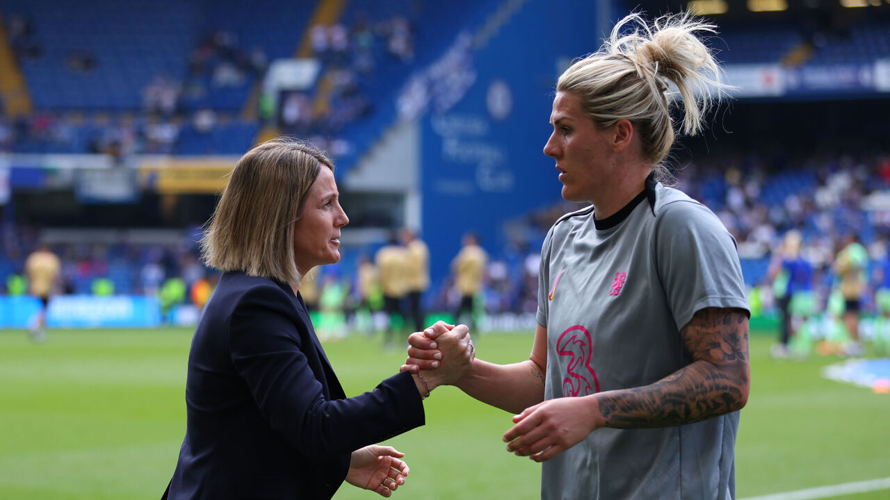 LONDON, ENGLAND - APRIL 27: Sonia Bompastor embraces Millie Bright of Chelsea prior to the UEFA Women's Champions League semifinal second leg match between Chelsea FC Women and FC Barcelona at Stamford Bridge on April 27, 2025 in London, England.