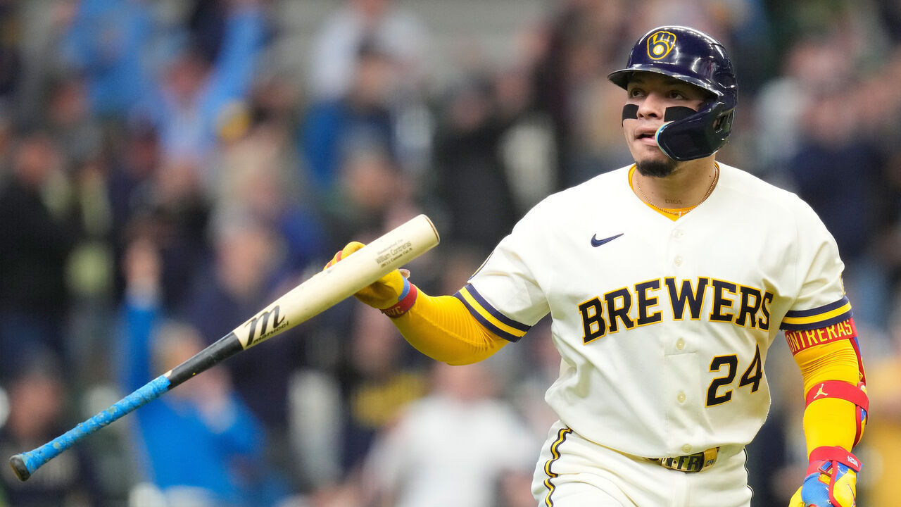 MILWAUKEE, WISCONSIN - APRIL 30: William Contreras #24 of the Milwaukee Brewers looks toward the bench after hitting a two run homer in the third inning against the Arizona Diamondbacks at American Family Field on April 30, 2026 in Milwaukee, Wisconsin.
