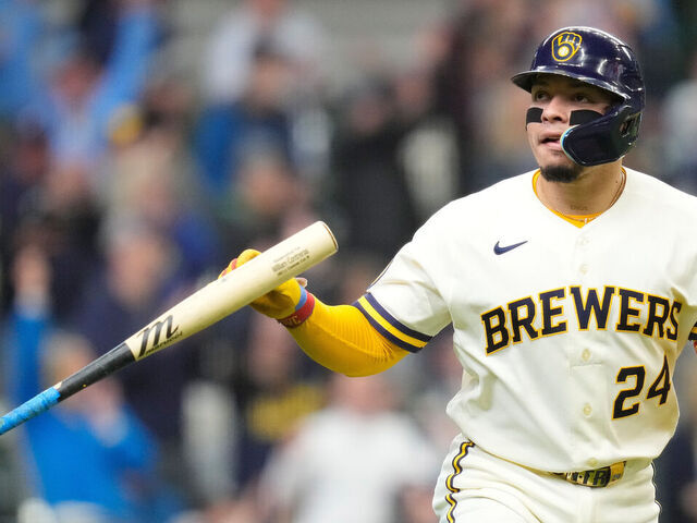 MILWAUKEE, WISCONSIN - APRIL 30: William Contreras #24 of the Milwaukee Brewers looks toward the bench after hitting a two run homer in the third inning against the Arizona Diamondbacks at American Family Field on April 30, 2026 in Milwaukee, Wisconsin.