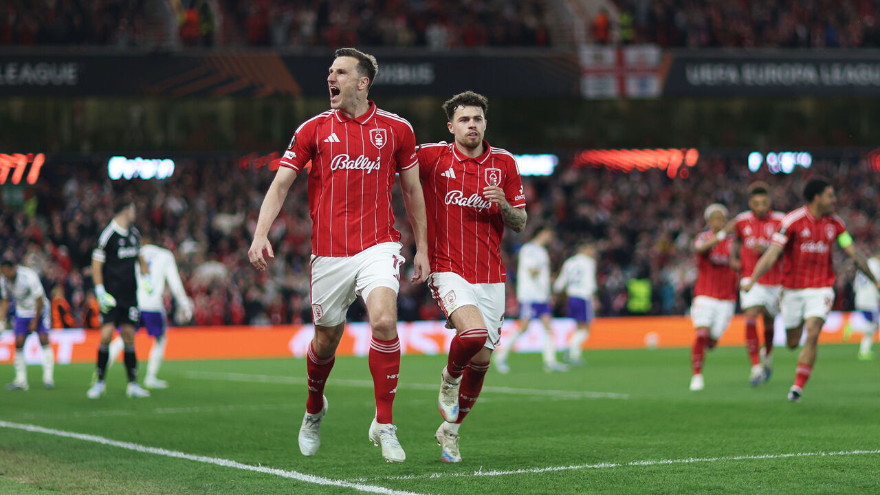 NOTTINGHAM, ENGLAND - APRIL 30: Chris Wood of Nottingham Forest celebrates scoring his team's first goal from the penalty spot with Neco Williams during the UEFA Europa League 2025/26 Semi-Final First Leg match between Nottingham Forest FC and Aston Villa FC at City Ground on April 30, 2026 in Nottingham, England.
