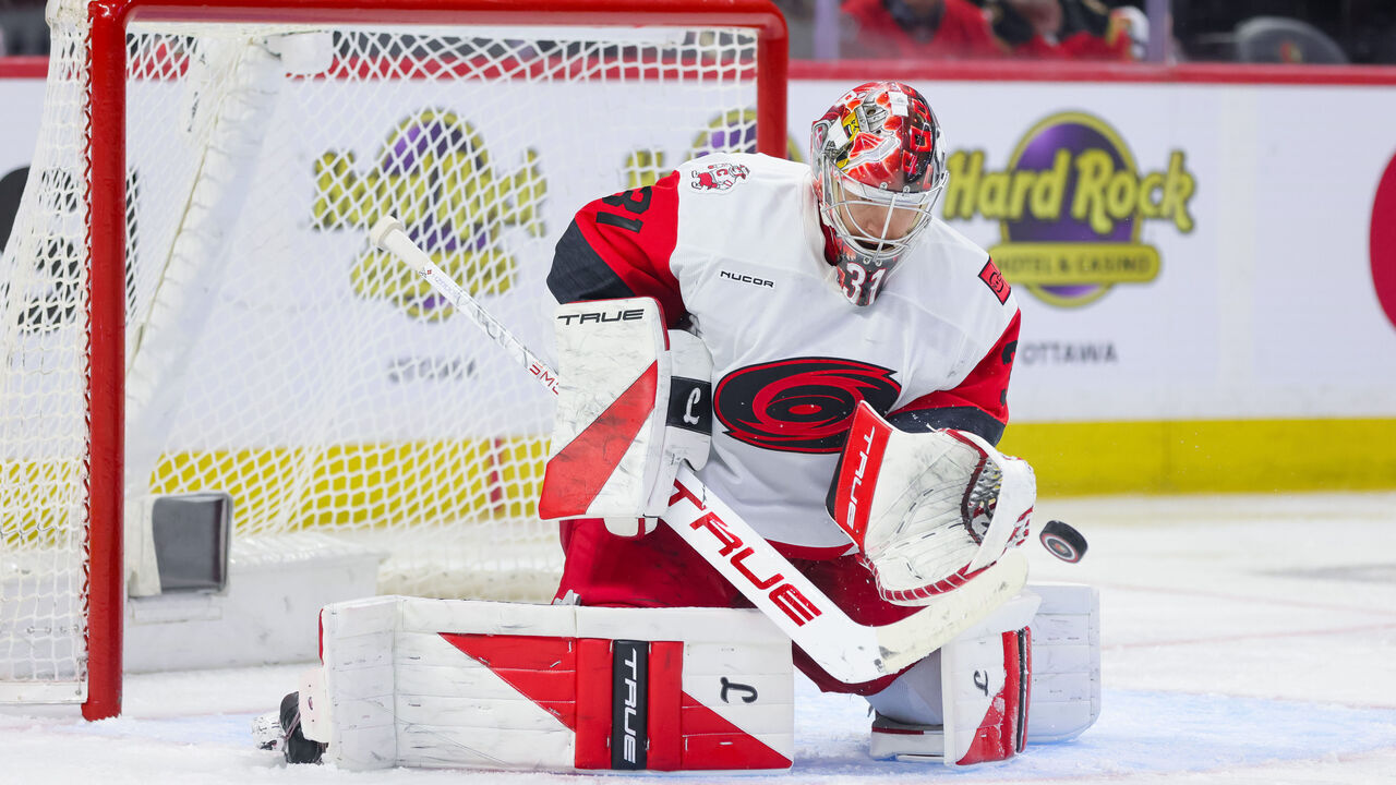 OTTAWA, ON - APRIL 25: Frederik Andersen #31 of the Carolina Hurricanes tends net against the Ottawa Senators in Game Four of the First Round of the 2026 Stanley Cup Playoffs on April 25, 2026, at Canadian Tire Centre in Ottawa, ON, Canada.