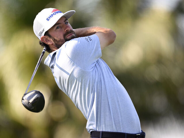 DORAL, FLORIDA - APRIL 29: Cameron Young of the United States plays his shot from the second tee prior to the Cadillac Championship 2026 at Trump National Doral Miami on April 29, 2026 in Doral, Florida.