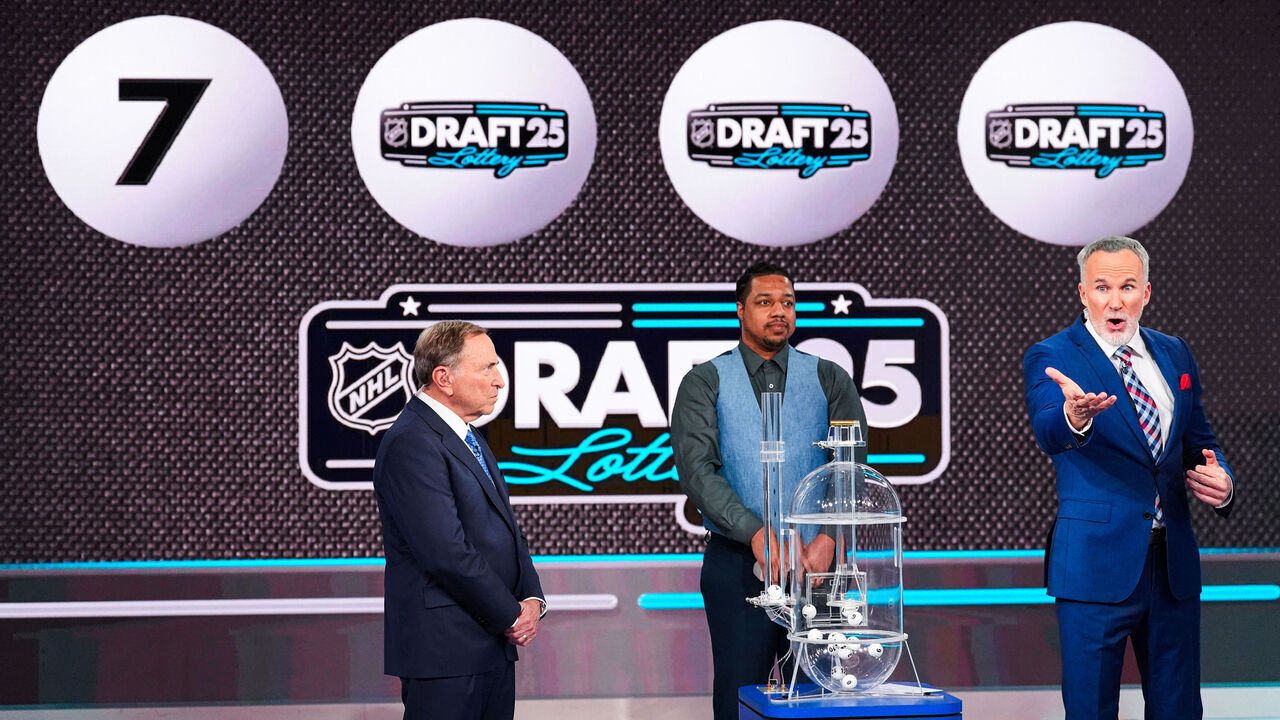SECAUCUS, NEW JERSEY - MAY 05: National Hockey League Commissioner, Gary Bettman, presides over the 2025 NHL Draft Lottery at NHL Network Studio on May 5, 2025 in Secaucus, New Jersey.