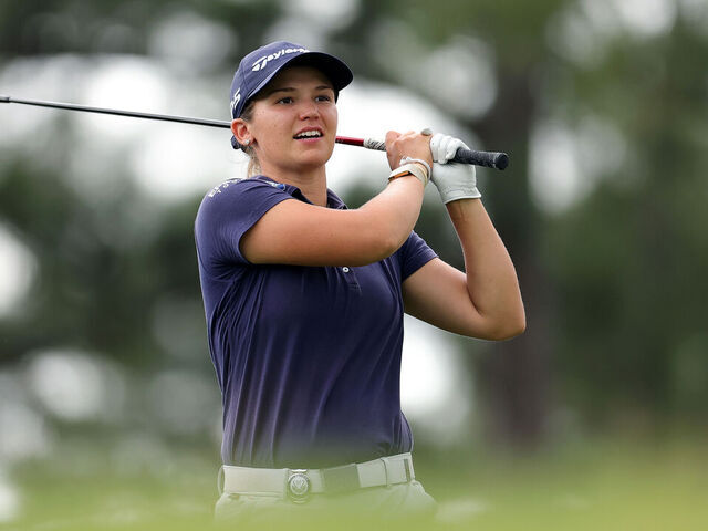 HOUSTON, TEXAS - APRIL 24: Melanie Green of the United States plays her shot from the 12th tee during the second round of The Chevron Championship 2026 at Memorial Park Golf Course on April 24, 2026 in Houston, Texas.