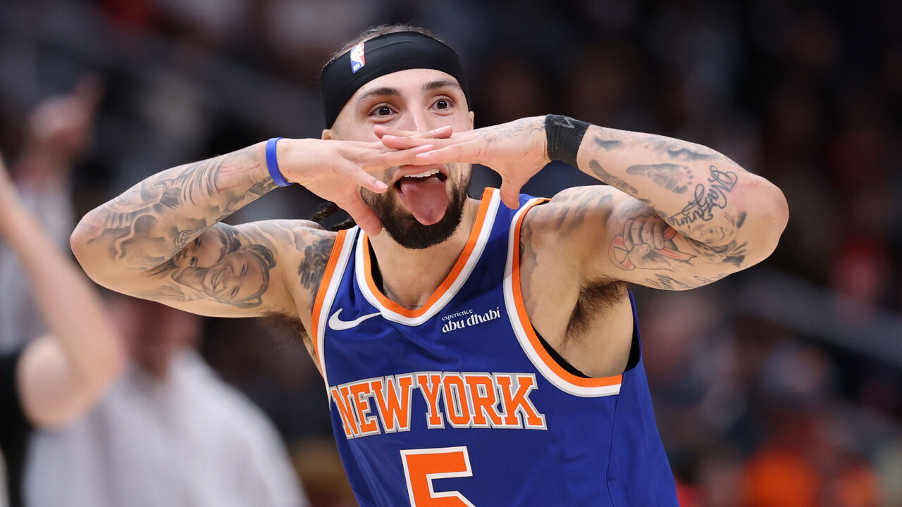 ATLANTA, GEORGIA - APRIL 30: Jose Alvarado #5 of the New York Knicks celebrates a three point basket against the Atlanta Hawks during the second half of a game in Game Six of the First Round of the NBA Eastern Conference Playoffs at State Farm Arena on April 30, 2026 in Atlanta, Georgia.