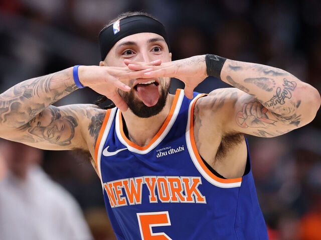 ATLANTA, GEORGIA - APRIL 30: Jose Alvarado #5 of the New York Knicks celebrates a three point basket against the Atlanta Hawks during the second half of a game in Game Six of the First Round of the NBA Eastern Conference Playoffs at State Farm Arena on April 30, 2026 in Atlanta, Georgia.