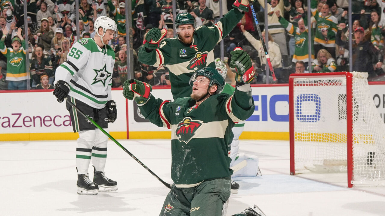 SAINT PAUL, MN - APRIL 30: Vladimir Tarasenko #91 of the Minnesota Wild celebrates his goal against the Dallas Stars in Game Six of the First Round of the 2026 Stanley Cup Playoffs at Grand Casino Arena on April 30, 2026 in Saint Paul, Minnesota.
